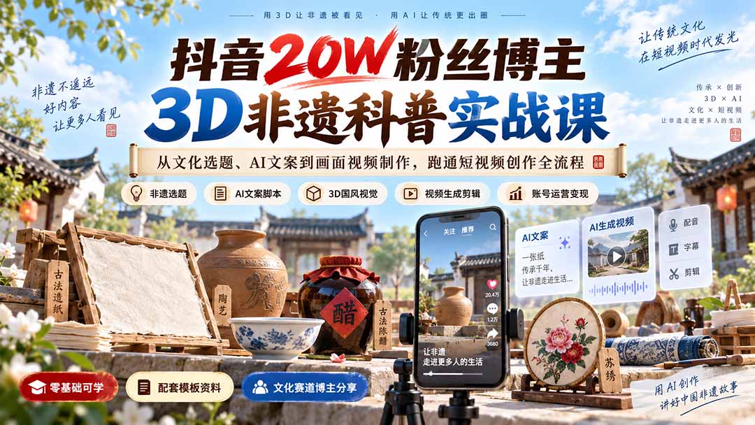 抖音20W粉丝博主3D非遗科普实战课:从文化选题、AI文案到画面视频制作,跑通短视频创作全流程-乐码云集