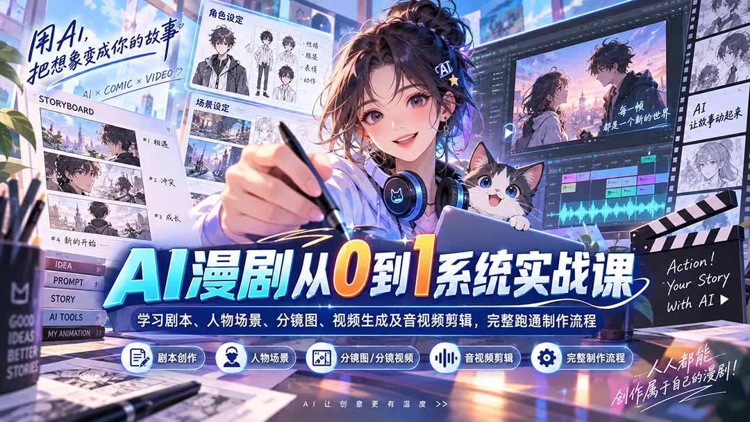 AI漫剧从0到1系统实战课:学习剧本、人物场景、分镜图、视频生成及音视频剪辑,完整跑通制作流程-乐码云集