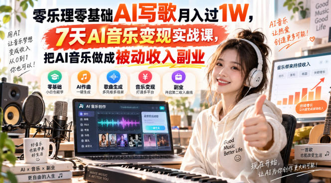 零乐理零基础AI写歌月入过1W，7天AI音乐变现实战课，把AI音乐做成被动收入副业-乐码云集
