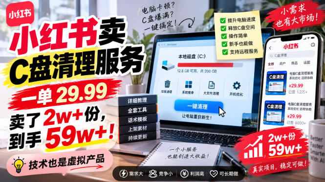 小红书卖C盘清理服务，一单29.99，卖了2w+份，技术也是虚拟产品-乐码云集