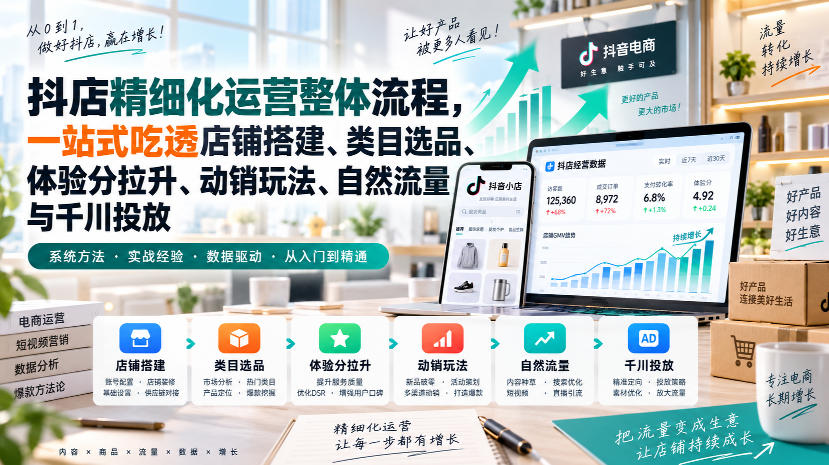 李哥电商-抖店精细化运营整体流程，一站式吃透店铺搭建、类目选品、体验分拉升、动销玩法、自然流量与千川投放-乐码云集
