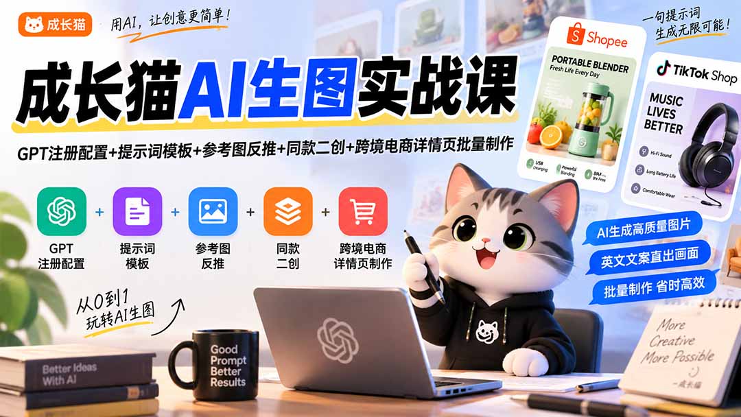 成长猫AI生图实战课|GPT注册配置+提示词模板+参考图反推+同款二创+跨境电商详情页批量制作-乐码云集