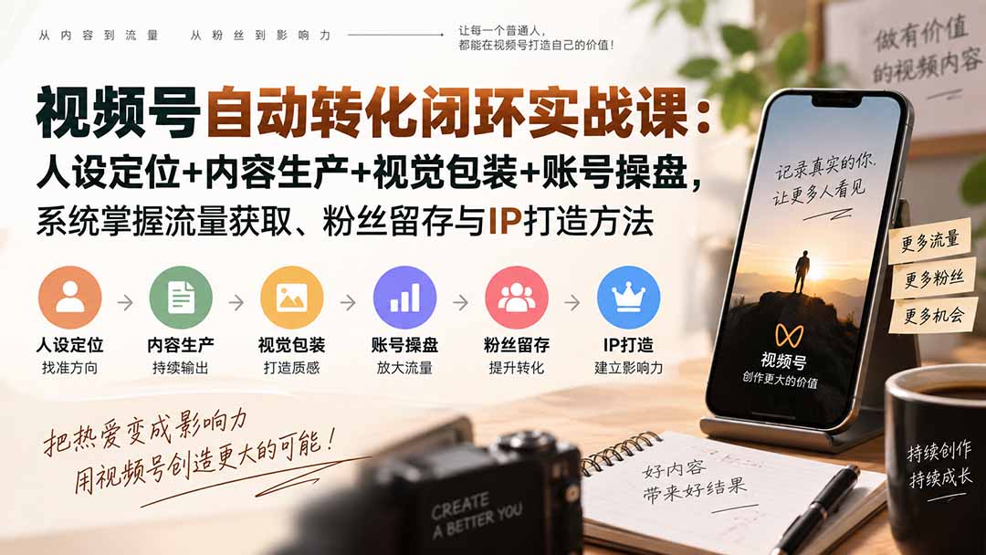 视频号自动转化闭环实战课：人设定位+内容生产+视觉包装+账号操盘，系统掌握流量获取、粉丝留存与IP打造方法-乐码云集