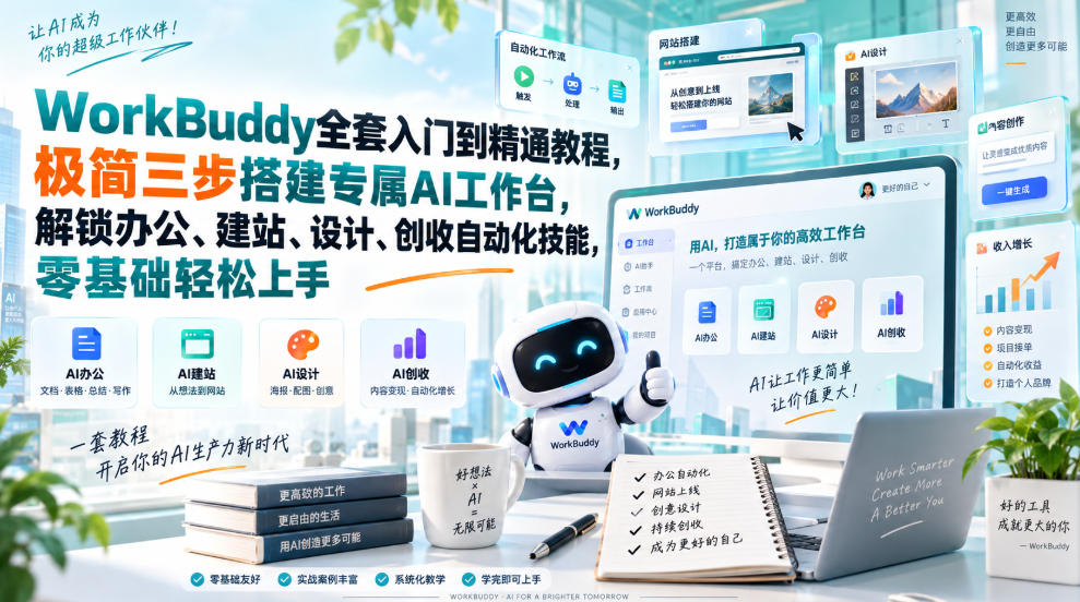 WorkBuddy全套入门到精通教程，极简三步搭建专属AI工作台，解锁办公、建站、设计、创收自动化技能，零基础轻松上手-乐码云集