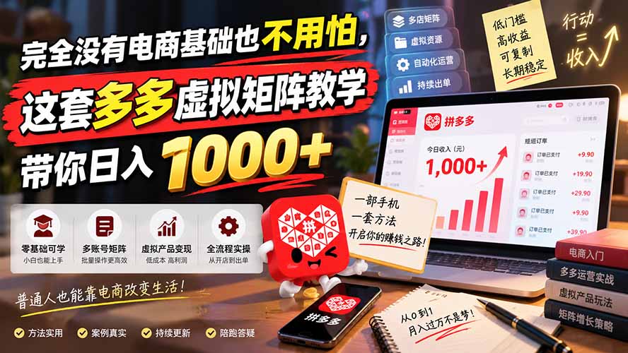 完全没有电商基础也不用怕,这套多多虚拟矩阵教学带你日入 1000+-乐码云集
