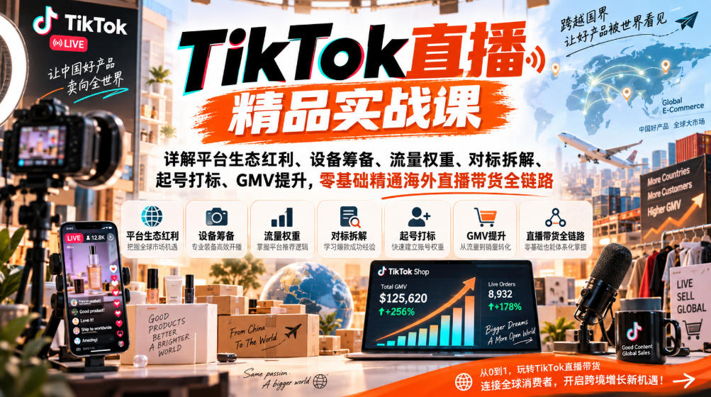 TikTok直播精品实战课，详解平台生态红利、设备筹备、流量权重、对标拆解、起号打标、GMV提升，零基础精通海外直播带货全链路-乐码云集