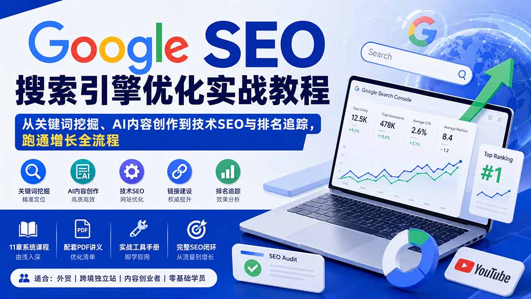 Google SEO搜索引擎优化实战教程：从关键词挖掘、AI内容创作到技术SEO与排名追踪，跑通增长全流程-乐码云集
