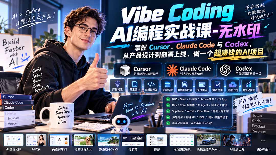 Vibe Coding AI编程实战课-无水印:掌握Cursor、Claude Code与Codex,从产品设计到部署上线,做一个超赚钱的AI项目-乐码云集
