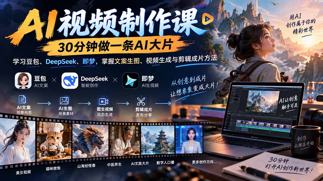 AI视频制作课-30分钟做一条AI大片：学习豆包、DeepSeek、即梦，掌握文案生图、视频生成与剪辑成片方法-乐码云集
