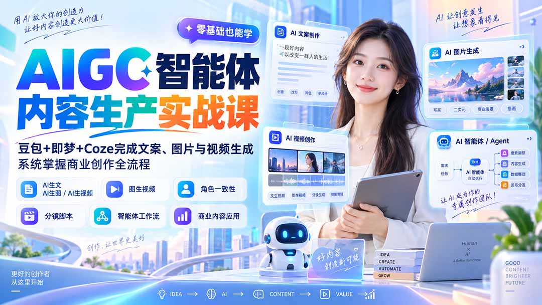AIGC智能体内容生产实战课：豆包+即梦+Coze完成文案、图片与视频生成，系统掌握商业创作全流程-乐码云集