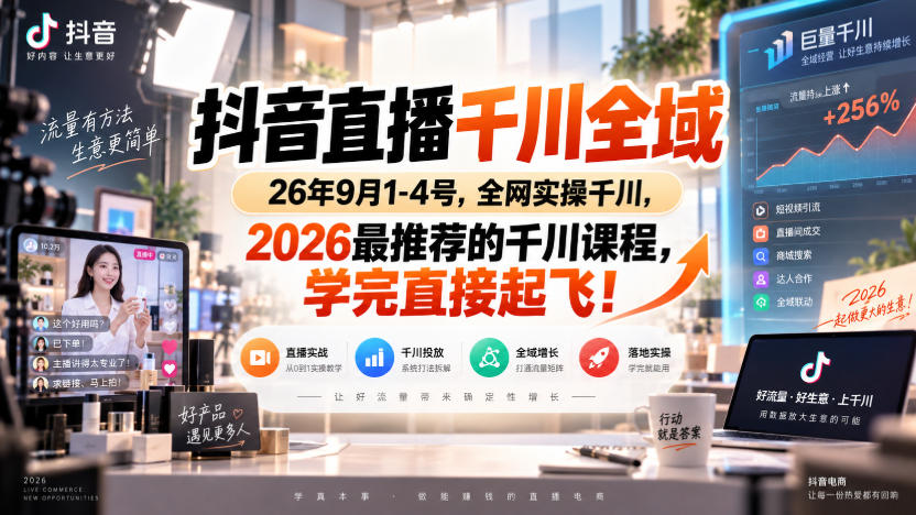 抖音直播千川全域26年9月1-4号,全网实操千川,2026最推荐的千川课程,学完直接起飞!-乐码云集