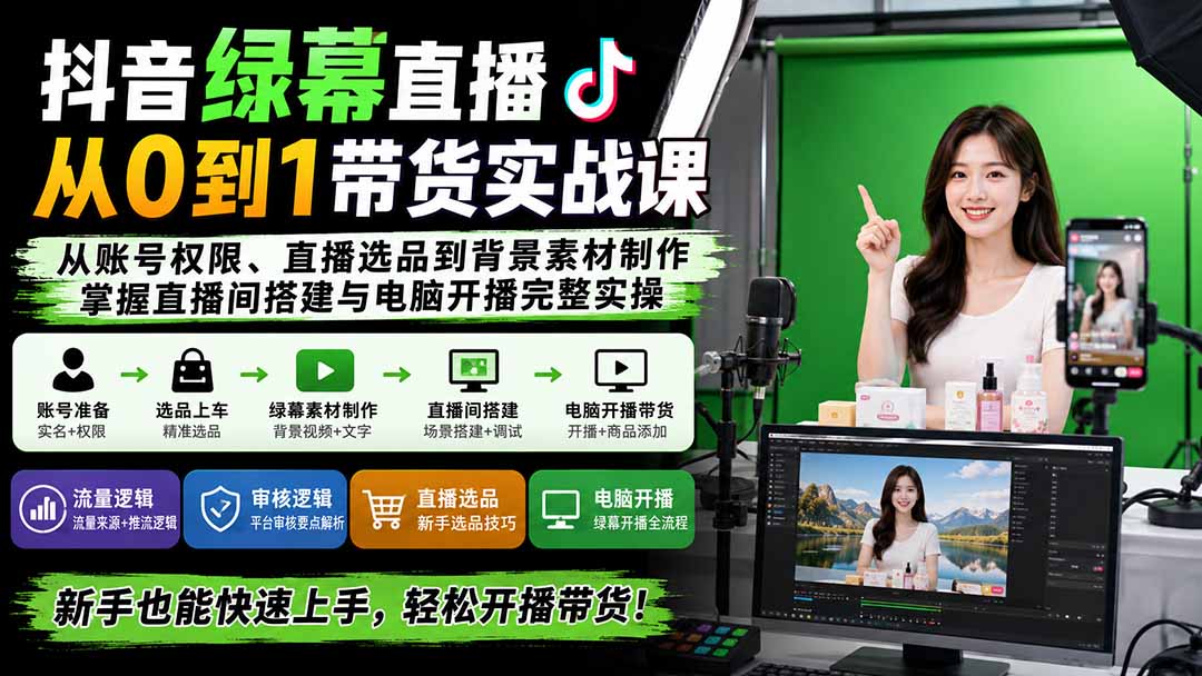 抖音绿幕直播从0到1带货实战课:从账号权限、直播选品到背景素材制作,掌握直播间搭建与电脑开播完整实操-乐码云集