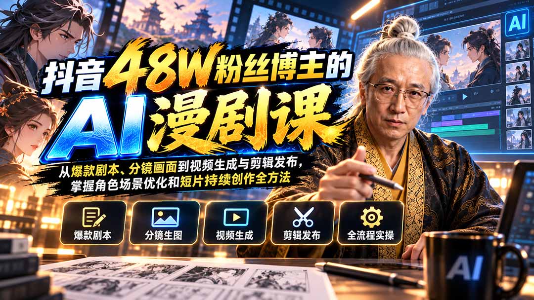 抖音48W粉丝博主的AI漫剧课：从爆款剧本、分镜画面到视频生成与剪辑发布，掌握角色场景优化和短片持续创作全方法-乐码云集