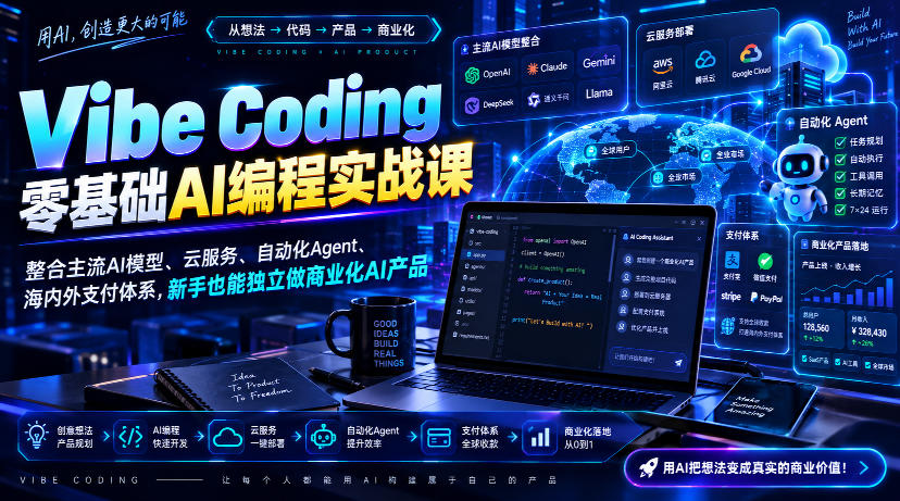 Vibe Coding零基础AI编程实战课-无水印，整合主流AI模型、云服务、自动化Agent、海内外支付体系，新手也能独立做商业化AI产品-乐码云集