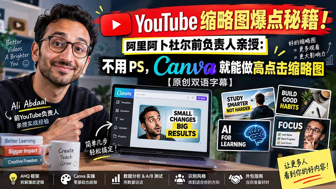 YouTube 缩略图爆点秘籍!阿里阿卜杜尔前负责人亲授:不用 PS,Canva 就能做高点击缩略图【原创双语字幕】-乐码云集