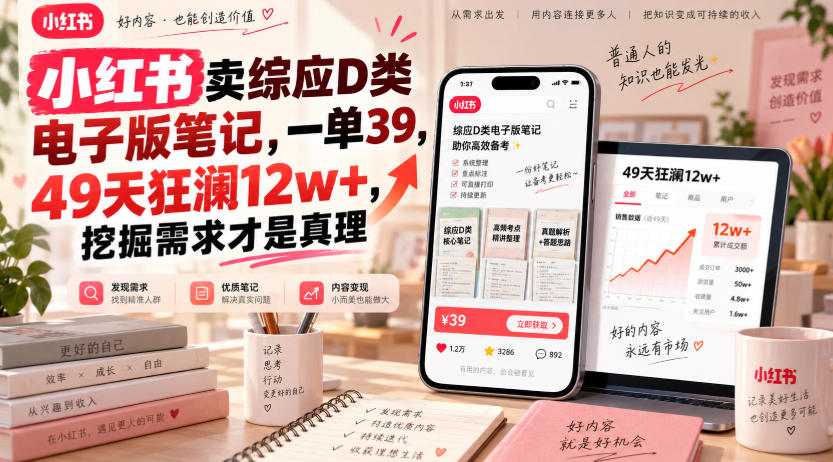 小红书卖综应D类电子版笔记,一单39,49天狂澜12w+,挖掘需求才是真理-乐码云集