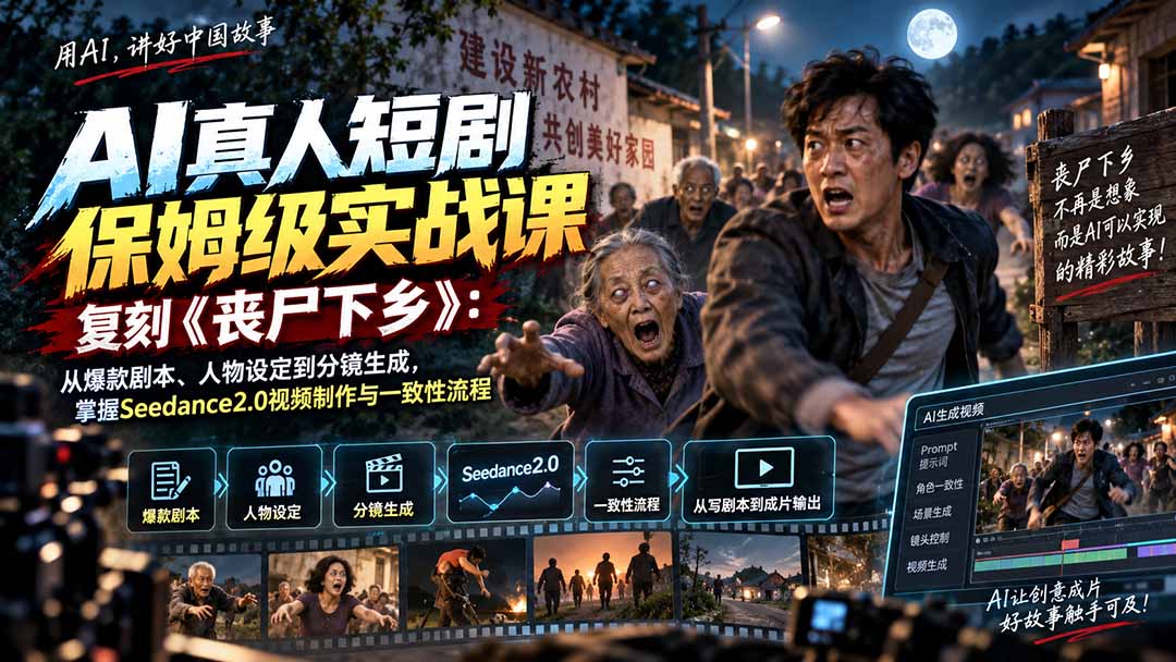 AI真人短剧保姆级实战课,复刻《丧尸下乡》:从爆款剧本、人物设定到分镜生成,掌握Seedance2.0视频制作与一致性流程-乐码云集