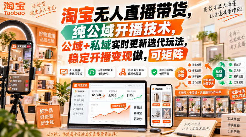 淘宝无人直播带货，纯公域开播技术，公域+私域实时更新迭代玩法，稳定开播变现做，可矩阵【揭秘】-乐码云集