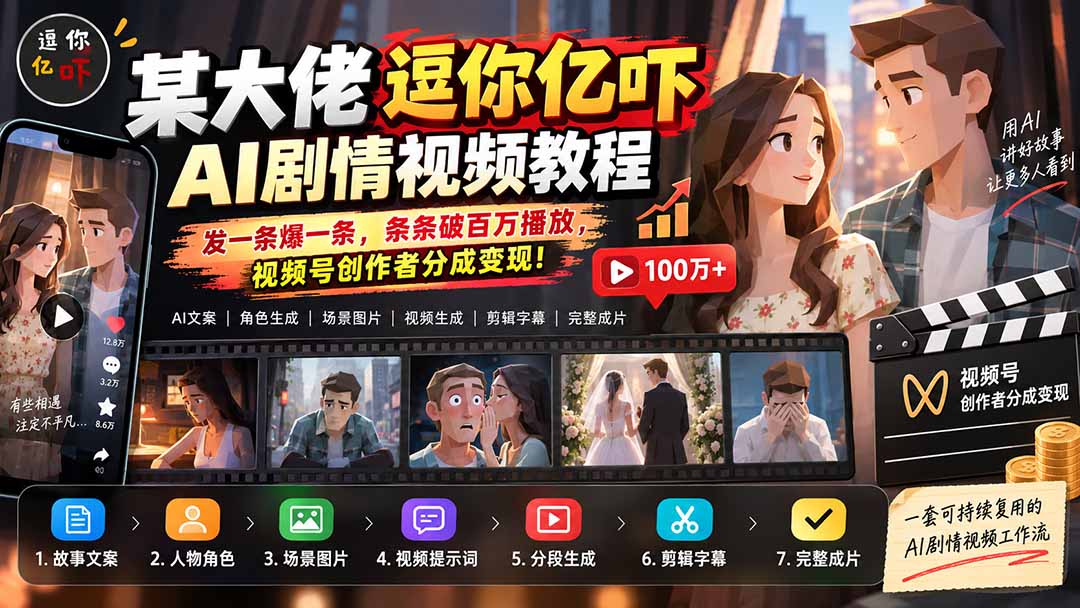 某大佬逗你亿吓AI低模剧情视频制作教程：发一条爆一条，条条破百万播放，利用视频号创作者分成变现!-乐码云集