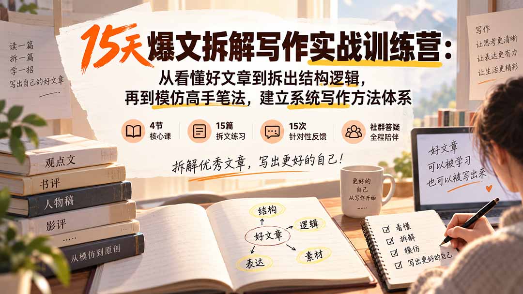 15天爆文拆解写作实战训练营:从看懂好文章到拆出结构逻辑,再到模仿高手笔法,建立系统写作方法体系-乐码云集