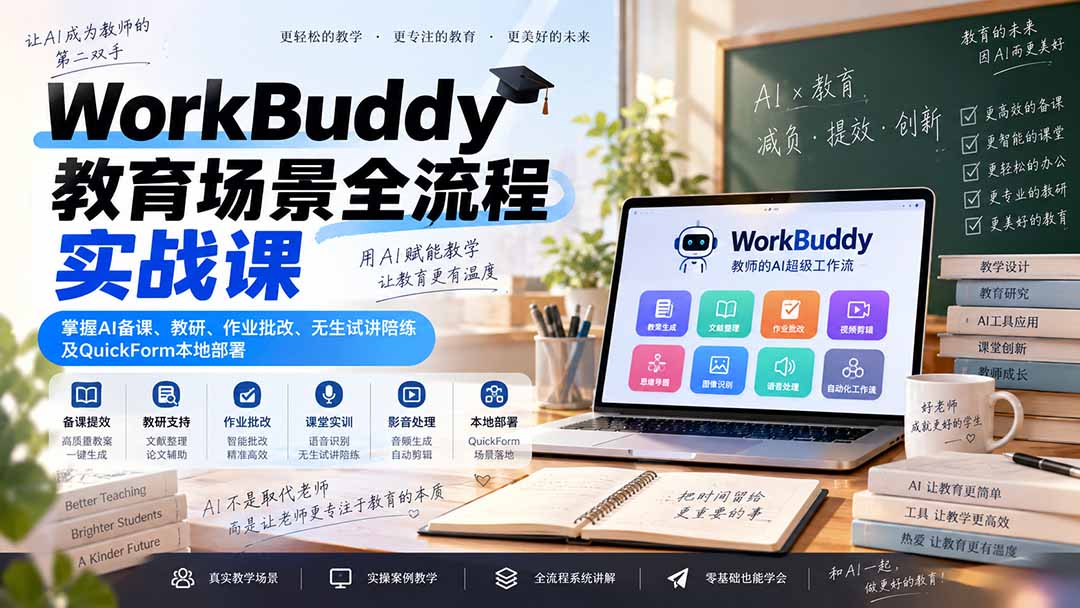 WorkBuddy教育场景全流程实战课：掌握AI备课、教研、作业批改、无生试讲陪练及QuickForm本地部署-乐码云集