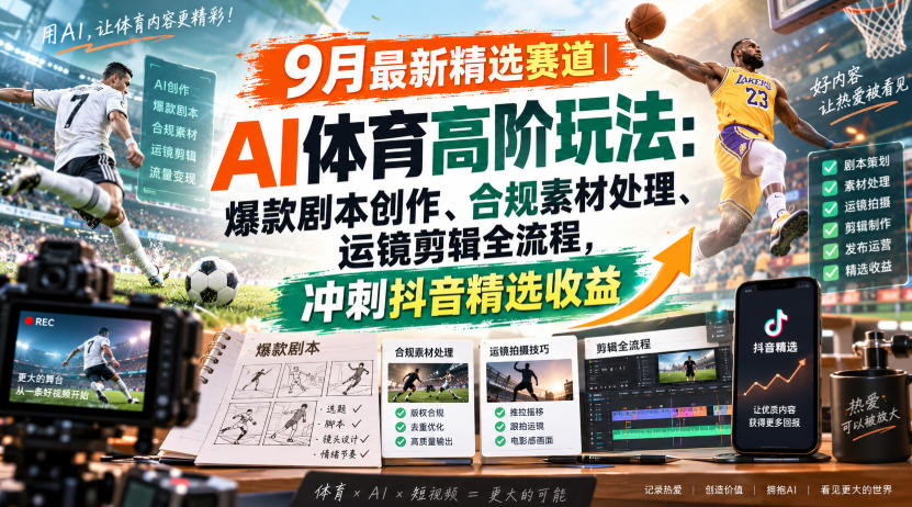 某大佬的9月最新精选赛道之AI体育顶级玩法，爆款剧本创作、版权规避、运镜剪辑全流程，稳拿抖音精选收益-乐码云集