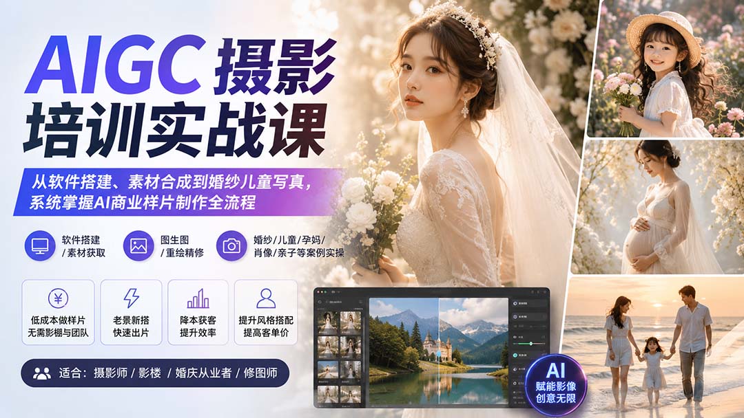 AIGC摄影培训实战课：从软件搭建、素材合成到婚纱儿童写真，系统掌握AI商业样片制作全流程-乐码云集
