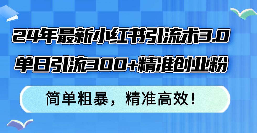 24年最新小红书引流术3.0，单日引流300+精准创业粉，简单粗暴，精准高效！-乐码云集