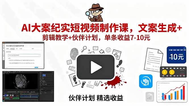 AI大案纪实短视频制作课，文案生成+剪辑教学+伙伴计划，单条收益7-10元-乐码云集