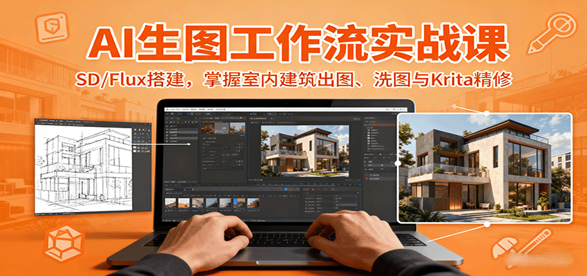 AI生图工作流实战课：SD/Flux搭建，掌握室内建筑出图、洗图与Krita精修-乐码云集