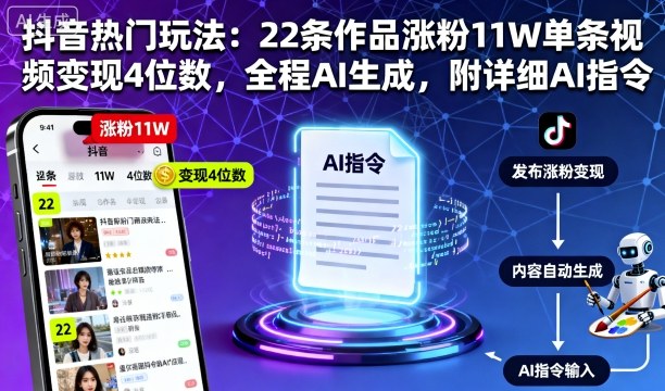 抖音热门玩法：22条作品涨粉11W单条视频变现4位数，全程AI生成，附详细AI指令-乐码云集