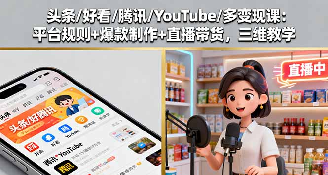 头条/好看/腾讯/YouTube/多变现课：平台规则+爆款制作+直播带货，三维教学-乐码云集
