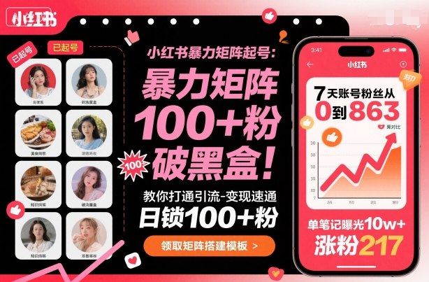 小红书暴力矩阵起号，教你打通引流-变现速通，日锁100+粉，破流量黑盒-乐码云集
