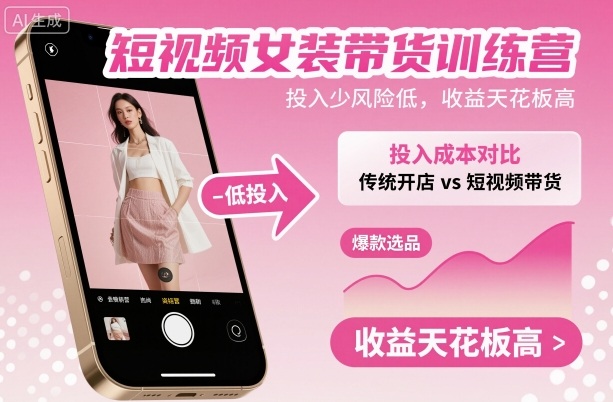 短视频女装带货训练营，投入少风险低，收益天花板高-乐码云集