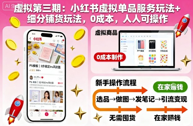 虚拟第三期：小红书虚拟单品服务玩法+细分铺货玩法，0成本，人人可操作-乐码云集