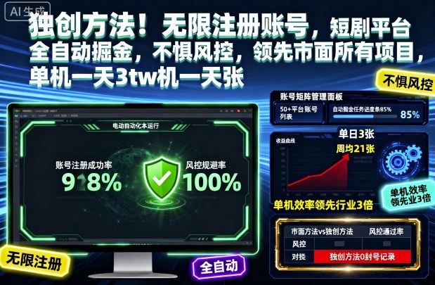 独创方法！无限注册账号，短剧平台全自动掘金，不惧风控，领先市面所有项目，单机一天3张【揭秘】-乐码云集