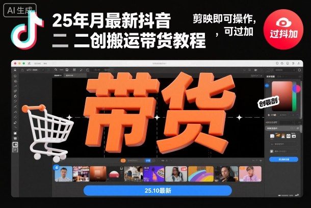 25年10月最新抖音二创搬运带货教程，剪映即可操作，可过抖加-乐码云集