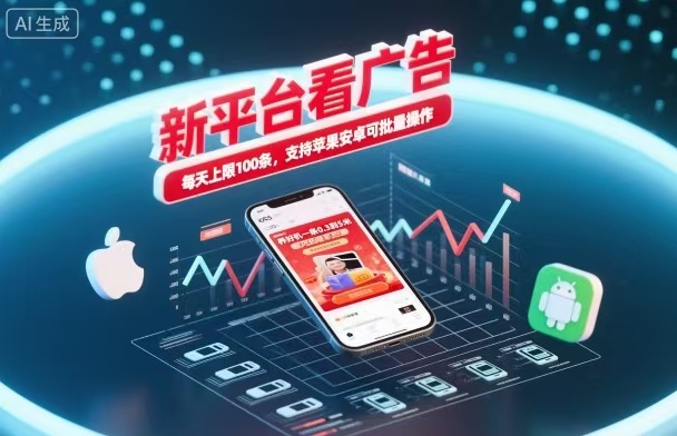 新台看广告，养好机一条5毛到5块，单机日入30到100，支持苹果安卓，可批量操作。-乐码云集