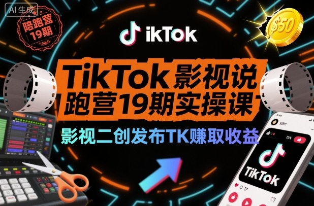 TikTok影视解说陪跑营19期实操课，影视二创发布TK賺取收益，万播收益50美金-乐码云集