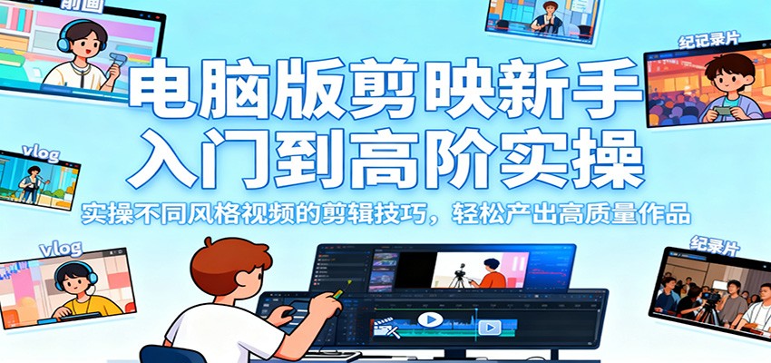 电脑版剪映新手入门到高阶实操，实操不同风格视频的剪辑技巧，轻松产出高质量作品-乐码云集