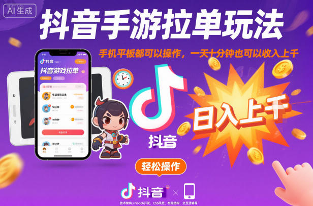 抖音手游拉单玩法，手机平板都可以操作，一天十分钟也可以收入上K【揭秘】-乐码云集