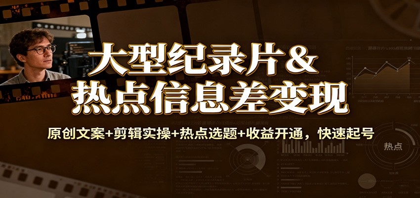 大型纪录片&热点信息差变现：原创文案+剪辑实操+热点选题+收益开通，快速起号-乐码云集