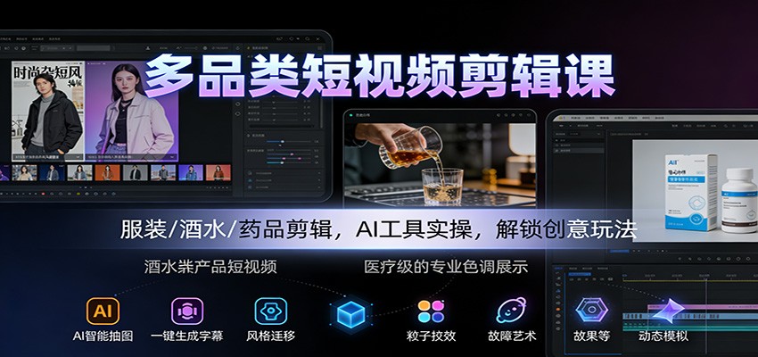 多品类短视频剪辑课:服装/酒水/药品剪辑,AI工具实操,解锁创意玩法-乐码云集