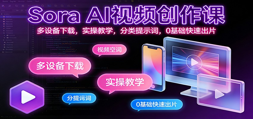 Sora AI视频创作课:多设备下载,实操教学,分类提示词,0基础快速出片-乐码云集