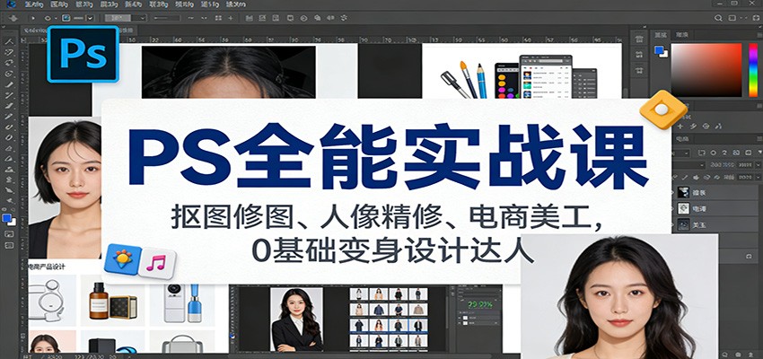 PS全能实战课：抠图修图、人像精修、电商美工，0基础变身设计达人-乐码云集