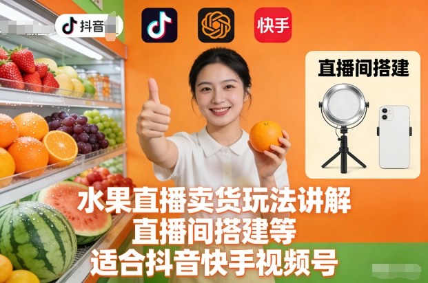 水果直播卖货玩法讲解、直播间搭建等，适合抖音快手视频号-乐码云集