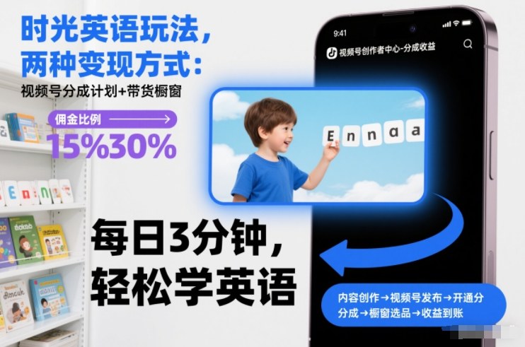 时光英语玩法，两种变现方式：视频号分成计划+带货橱窗-乐码云集