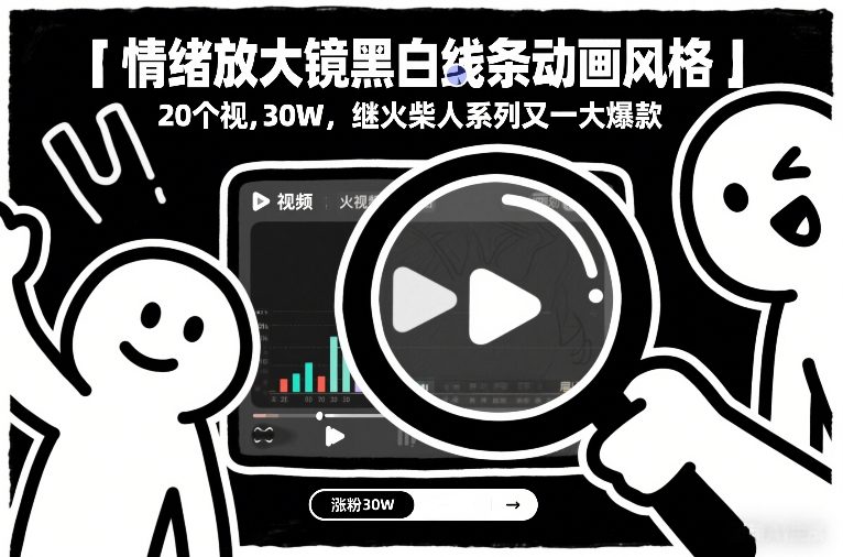 情绪放大镜黑白线条动画风格，20个视频，涨粉30W，继火柴人系列又一大爆款-乐码云集