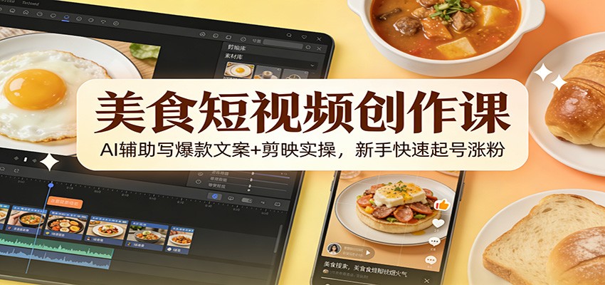 美食短视频创作课:AI辅助写爆款文案+剪映实操,新手快速起号涨粉-乐码云集