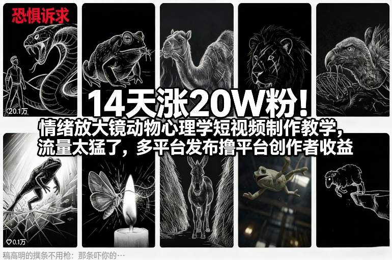 14天涨20W粉！情绪放大镜动物心理学短视频制作教学，流量太猛了，多平台发布撸平台创作者收益-乐码云集